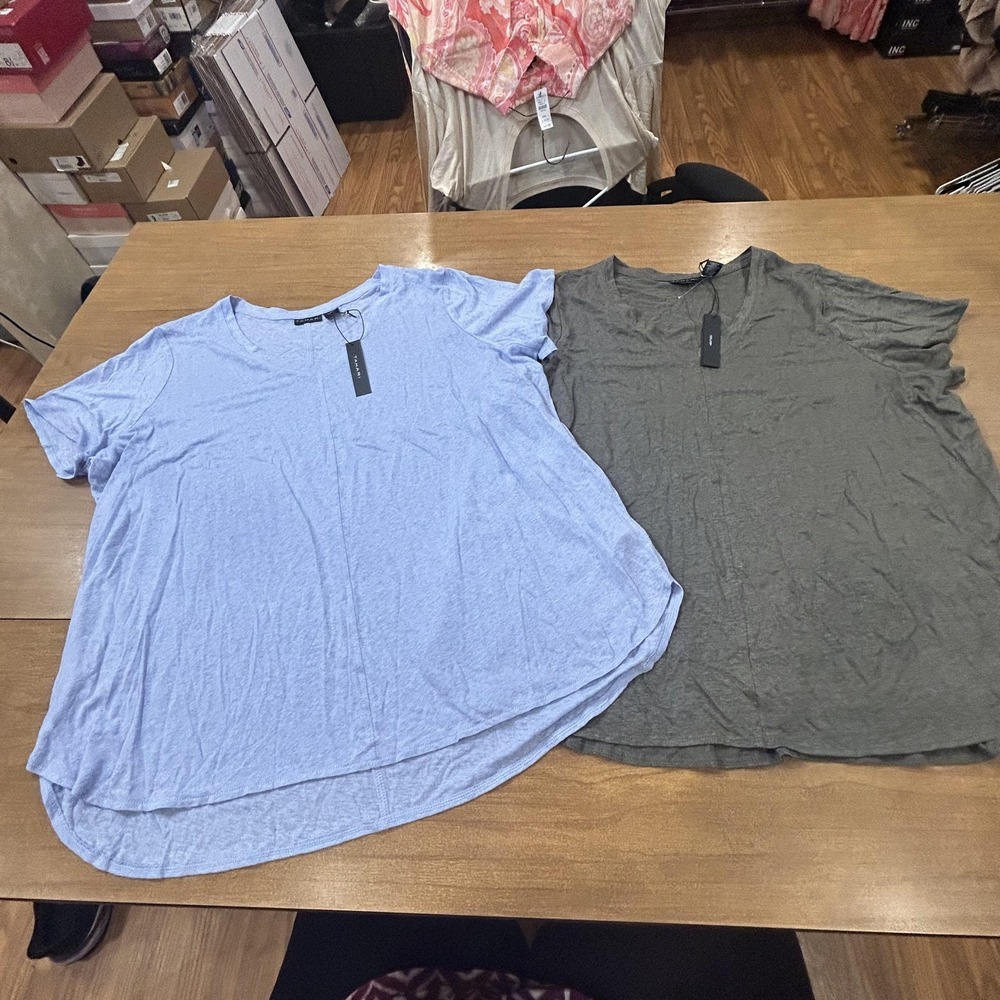Set 2 Tahari Shirt Womens 2X Multicolor Linen V Neck Short Sleeve Jersey Top